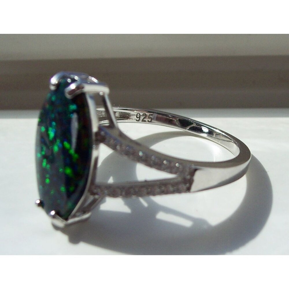 925 Sterling Silver Marquise Lab Created Green Black Opal CZ Ring - Picture 12 of 16